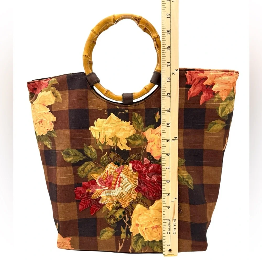 Cynthia Hart Los Angeles Floral Plaid Tote Bag Purse Bamboo Handles Gold Brown - Picture 6 of 14